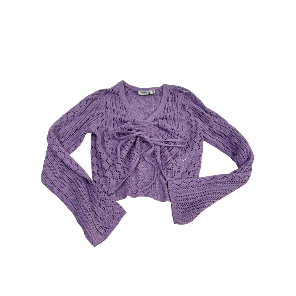 Noisy May Purple Pointelle Knit Rouched V-Neck Cropped Sweater Small